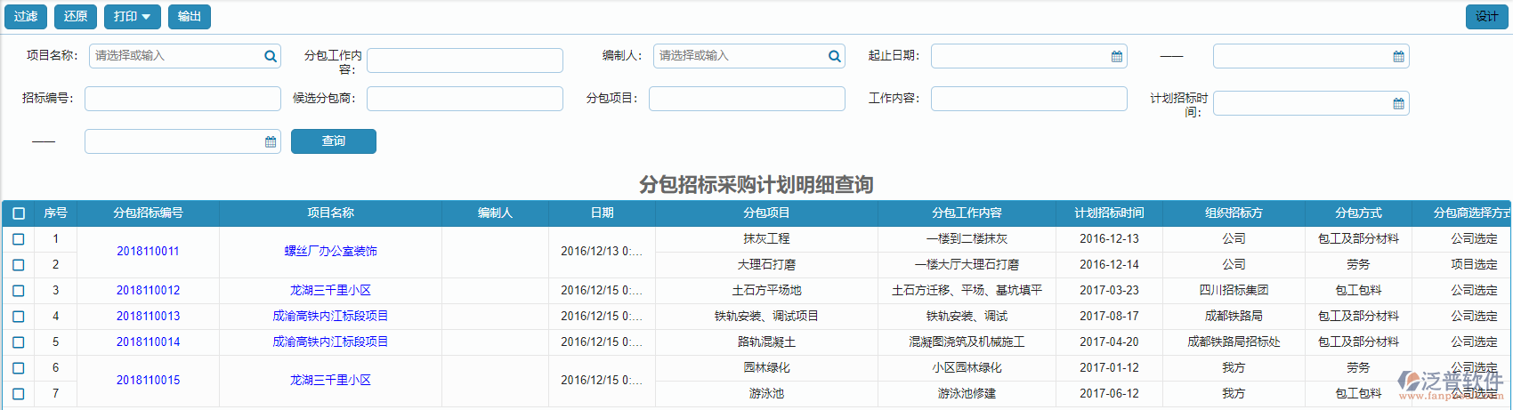 分包招標(biāo)采購計劃明細(xì)報表查詢