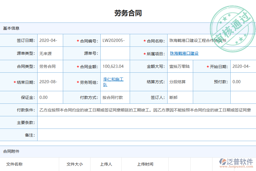 泛普電力工程企業(yè)管理系統(tǒng)中勞務合同列表的單據(jù)樣式