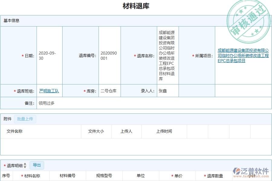 三、泛普軟件-機(jī)電工程企業(yè)管理系統(tǒng)中的材料退庫(kù)列表主要內(nèi)容