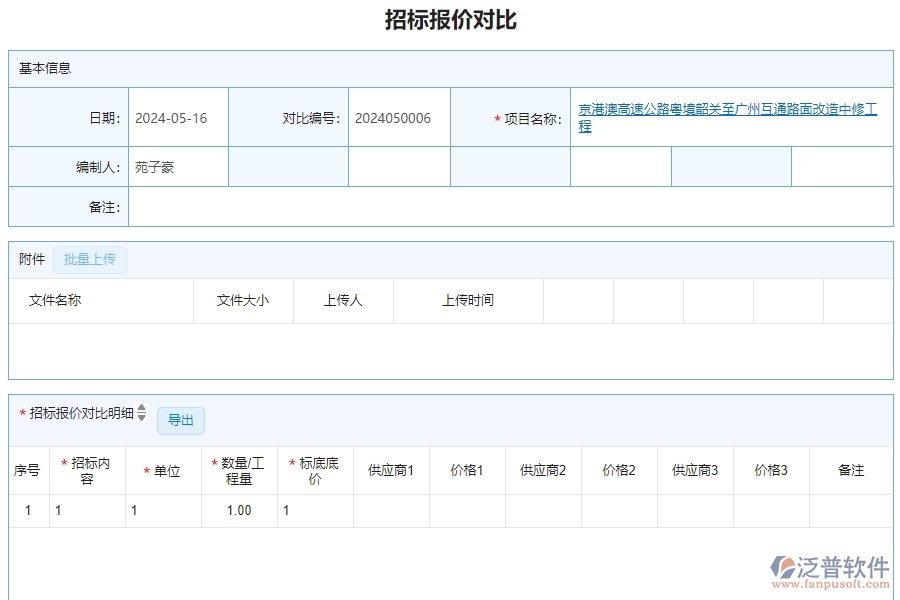 三、泛普軟件-公路工程企業(yè)管理系統(tǒng)中招標報價對比查詢的核心功能