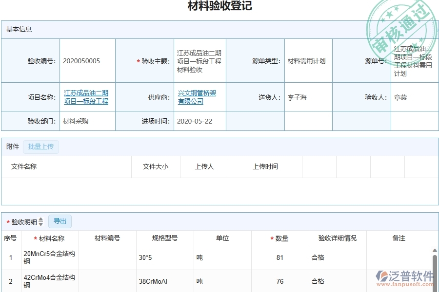 三、泛普軟件-幕墻工程企業(yè)管理系統(tǒng)中的材料驗收列表主要內(nèi)容