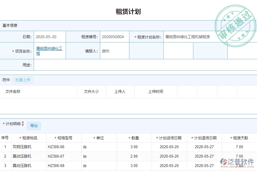 三、泛普軟件-園林工程企業(yè)管理系統(tǒng)中租賃計(jì)劃列表的管控點(diǎn)