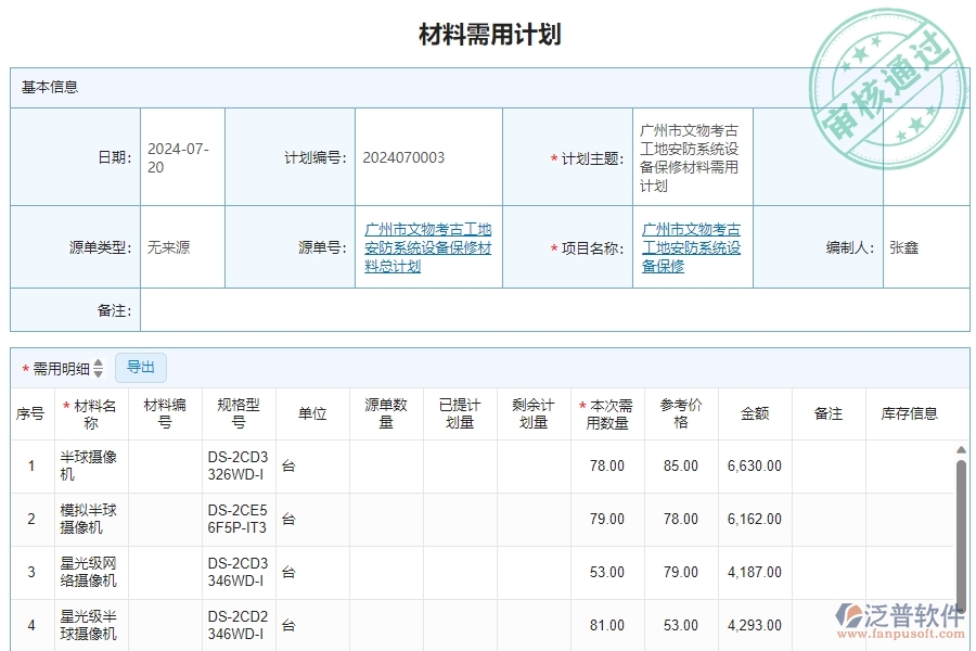三、安防工程企業(yè)使用泛普軟件-材料需用計(jì)劃明細(xì)查詢管理的好處